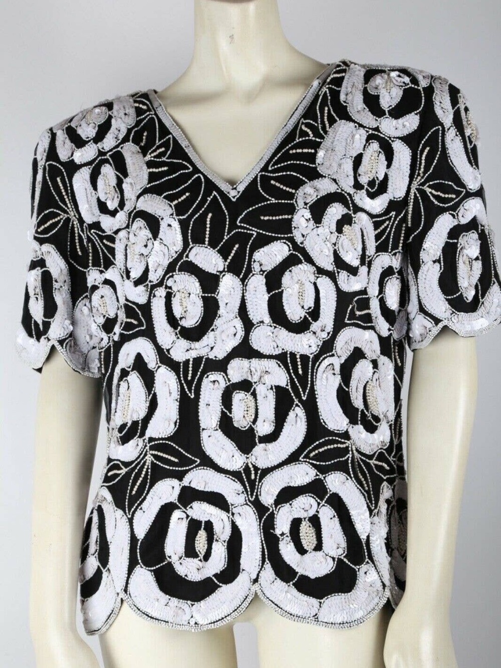 Stenay 100% silk black white beaded sequin back zip top blouse m medium